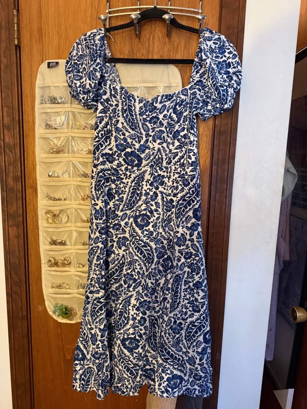 Francesca’s Blue and White Floral Puff-Sleeve Dress